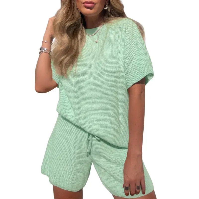 Fisoew Women's 2-Piece Knitted Nightwear Set - 2026 Summer Short Sleeve Elastic Acrylic Polyester Fabric, Loose Fit Crew Neck Top & Shorts, Casual Travel Hand Washable Chic Loungewear
