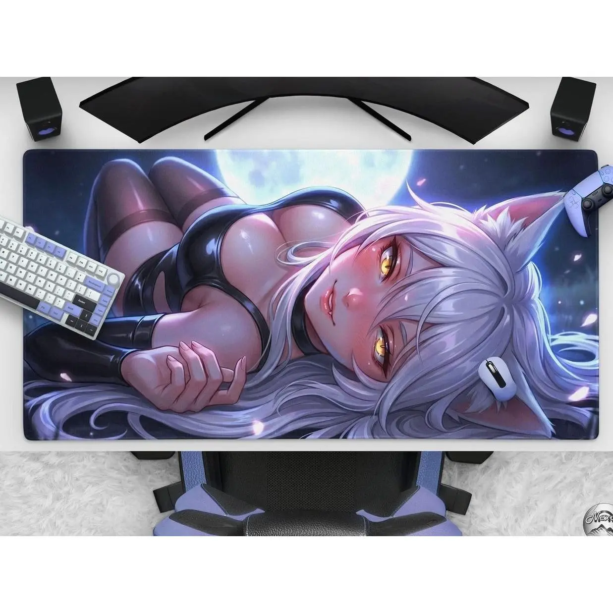 Anime Cat Girl Gaming Mousepad, Neko Waifu Desk Mat, Cherry Blossoms & Full Moon, Large Extended Mouse Pad With Premium Stitched Edges Neil