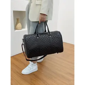 Fashion Checkerboard Pattern PU Leather Zipper Travel Bag, Travel Duffel Bag, Large Capacity Luggage for Women & Men, Casual Sports Fitness Bag for Travel & Business(Sheet)