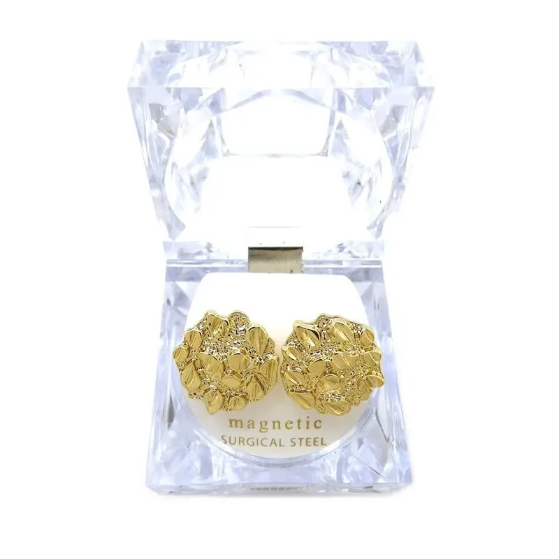 Gold Plated Alloy Golden Nugget Cookie Magnetic Earring Earrings With Lucite Box