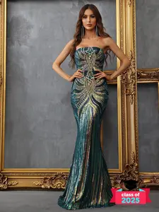 Women's Glitter Sequins Mermaid Evening Dress, Embellished dress, Paisley Print Tube Maxi, Wedding Guest Dress, Summer Outfits 2024, Lady Clothes for All Seasons, Strapless Evening Gown, Womenswear