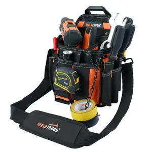 MELOTOUGH Electrician Tool Pouch Bag with Shoulder Strap Professional 15 Pockets Tool Pouch with Belt Clip Quickly Attach and Release Tool Bag