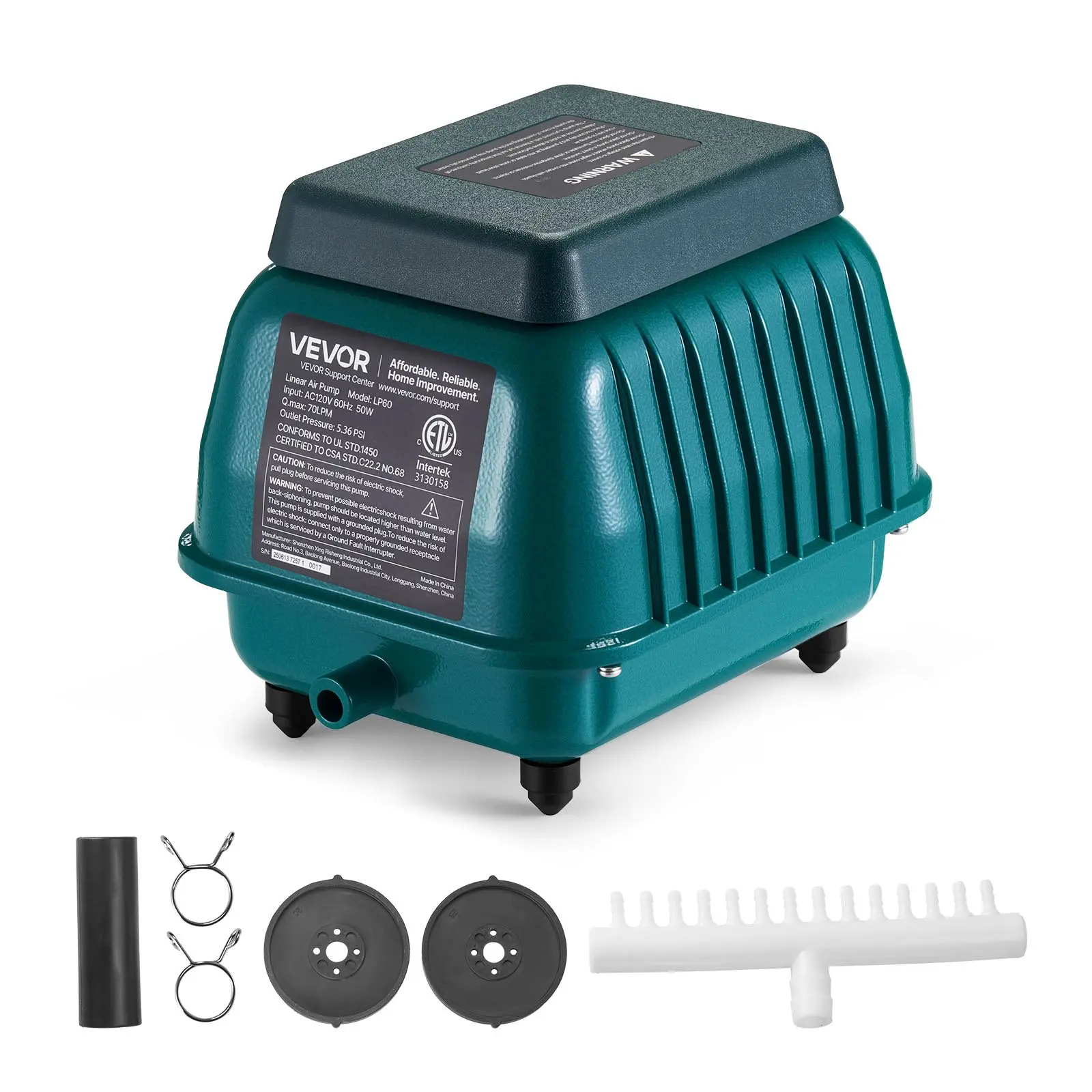 【Summerfinds】VEVOR Linear Air Pump, 1110 GPH Max Flow Rate, 120V Septic Aerator, 10 ft Deep Pond Aeration System, 10.04 x 7.87 x 8.27 in, 11.68 lbs, Aluminum Alloy Housing, Easy Installation, Compatible with Septic Tanks, Aquarium Use, Hydroponics