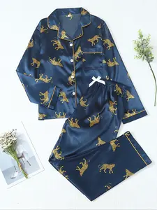 Women's Satin Tiger Print Pajama Set, Luxurious Soft Fabric for Comfortable Sleepwear, Casual Wear & Loungewear, All Season Fitted Design