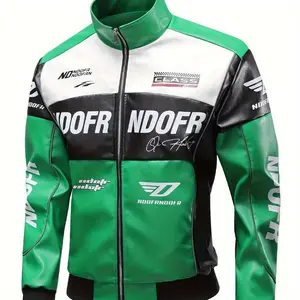 Men’s PU leather racing-style zip-up jacket — green and black color-block design, stand-up collar, “HOOD FRENDS” pattern print; casual streetwear, everyday wear, daily jacket | modern casual jacket | smooth leather jacket GARMENTARY