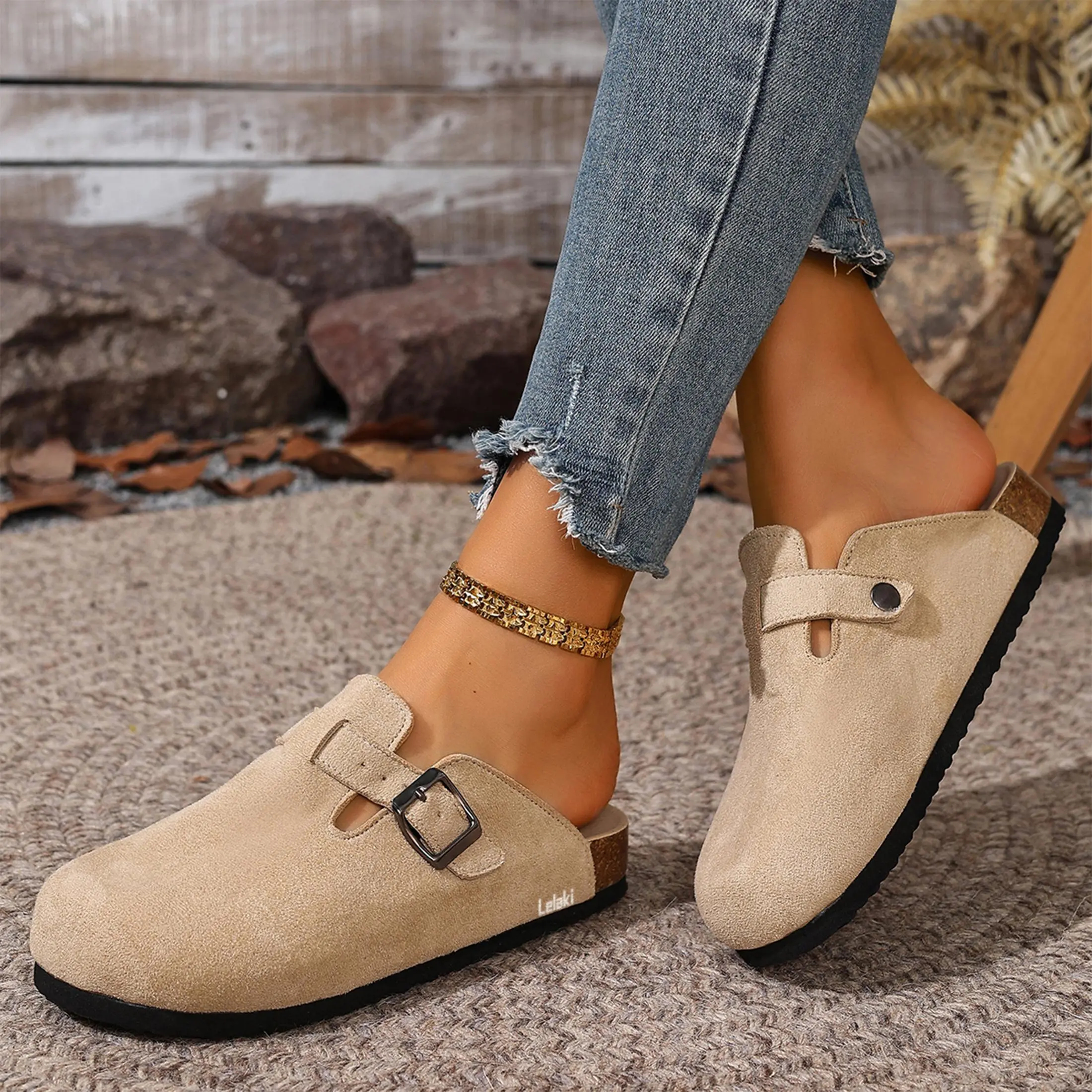 Women's Sandals Cork Footbed Suede Clogs House Slippers Mules Potato Shoes with Adjustable Buckle Platform Footwear