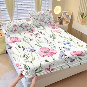 Watercolor Wildflower Print Fitted Sheet Set and 2 Coreless Pillowcases, Hand-Drawn Poppy, Bellflower and Forget-Me-Notm, Soft Anti-Slip Wrinkle-Resistant, Fresh Farmhouse Style Bedroom Decor Gift Choice, Soft Breathable Sheet