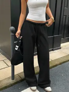 Women's Plain Solid Loose-Fitting Wide Leg Long Pants, Comfortible Casual Sportswear, All Season Versatile Trousers, Daily Wear