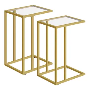 HOOBRO C Shaped End Table Set of 2, Tempered Glass Snack Side Table with Metal Frame, TV Tray Table for Small Space, Sofa Couch and Bed, Modern Style, Gold #SummerVibes