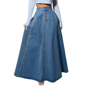 Women's retro high waisted button trumpet shaped long denim skirt, pleated skirt, elegant and graceful, A-line denim long skirtRAIMENTRY