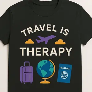 Travel Tee - Travel Is Therapy Design with Plane Clouds Suitcase Globe and Passport Graphic on Black Shirt