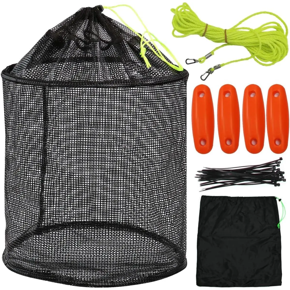 Floating Fish Net Basket, Collapsible Rubber-Coated Nylon Mesh Live Well for Kayak Fishing, Tangle-Free with 49ft Rope for Bait & Crabs, 12.6 x 15 in, Kayak Compatible, Fishing Box, Mesh Vented, Two Sizes