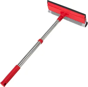 2-in-1 Window Squeegee with 15.7"-27.5" Retractable Stainless Steel Handle – Windshield Cleaner Tool for Cars, Trucks, Glass Doors, Shower, Outdoor Windows (Red)