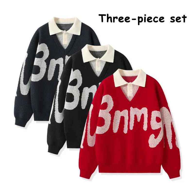 Men’s three-piece knitted sweater bundle with faux collar, V-neck long-sleeve pullover with letter graphic, loose trendy casual outfit for everyday wear