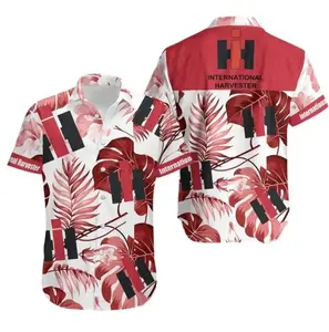Vintage Red Farm Hawaiian Shirt, Farm Tractor Style Tropical Short Sleeve Shirt, Summer Aloha Button Down Shirt, Gift for Him or Her
