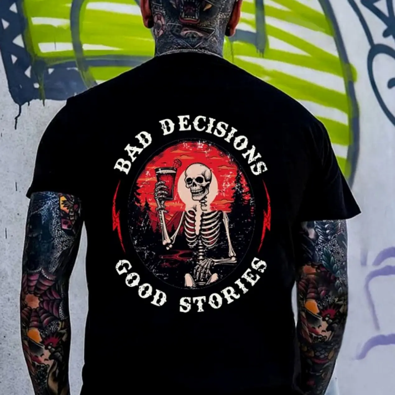 BAD DECISIONS GOOD STORIES Skeleton Black Print T-shirt