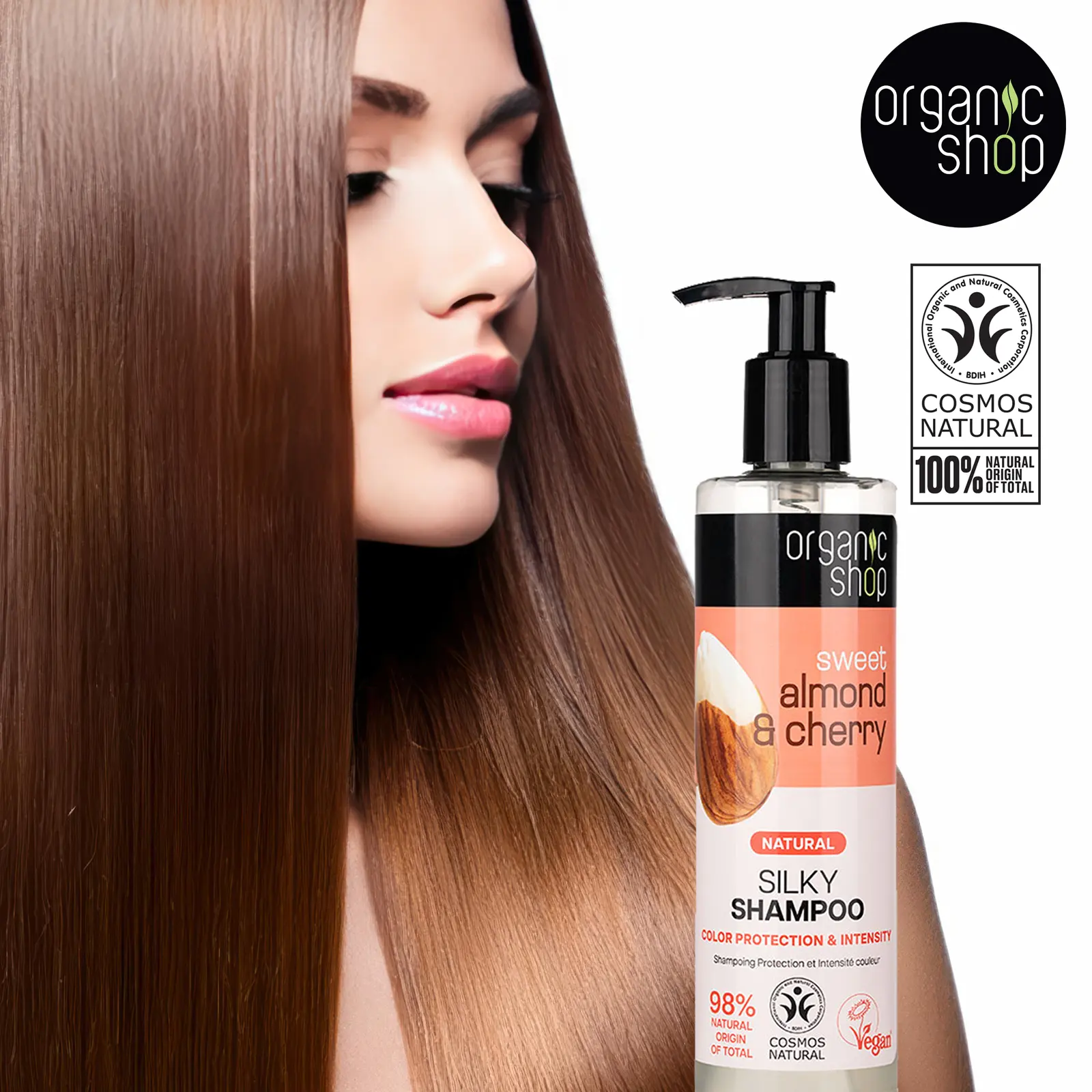 Organic Shop Almond & Cherry Color Protection Shampoo, 100% Vegan & Organic, Rich in Vitamins & Minerals, Silky Hydration & Nourishing. 9.5 Fl Oz