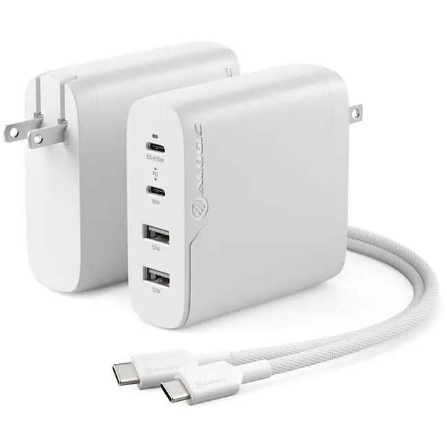 Alogic WCG4X100-US Compact 4-Port 100W GaN Charger - Small Form USB-C Universal Adapter, 20V, for Laptops/Tablets, Phones, Mobile Devices, White