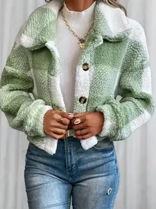 Autumn Winter Women's Long Sleeve Plaid Fleece Fitted Coat, Casual Chic Style Woven Fabric Jacket, Moderate Thickening, Fall & Winter Fashion Outerwear