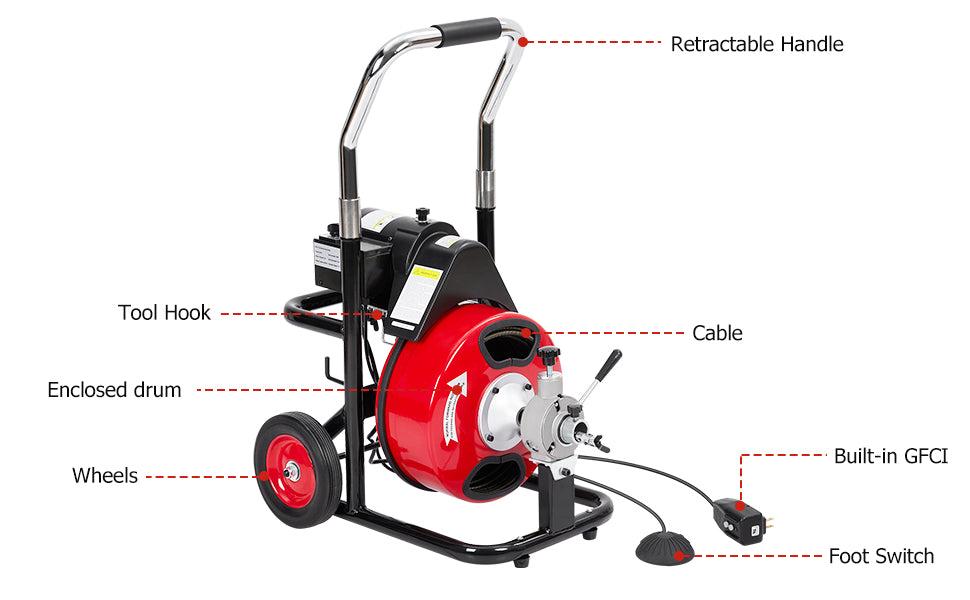 【Labor Day】GARVEE Electric & Professional Drain Cleaners: 75Ft/100Ft Lengths, 3/8" & 1/2" Options, 4 Cutters, Suitable for 1-4 Inch Pipes, Versatile Auger Machines for Efficient Pipe Cleaning