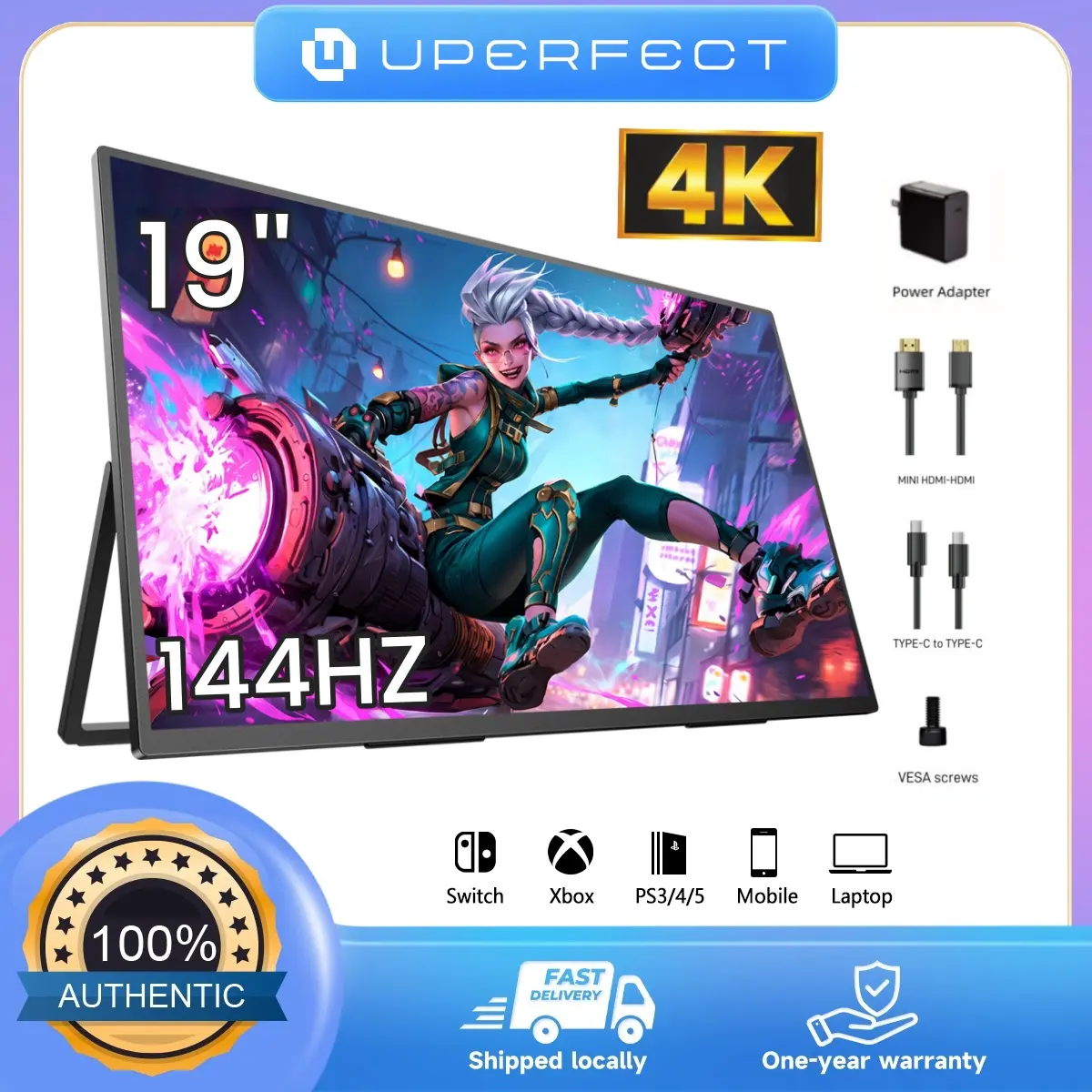 UPERFECT GR19BU 19" 4K 144Hz Ultra-HD QLED Gaming Monitor VESA Mount Compatible Supports Single-Cable Device Connection 107.8% DCI-P3 Color Gamut Premium Design Simple, flexible, and ready for any scenario
