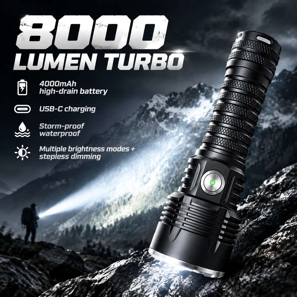 8000-Lumen Flashlight (Black Extreme Edition) — Aluminum unibody + USB-C charging, replaceable 4000mAh 10C battery, single-click mode switching + long-press strobe, IPX4 waterproof + 1-meter drop-proof.