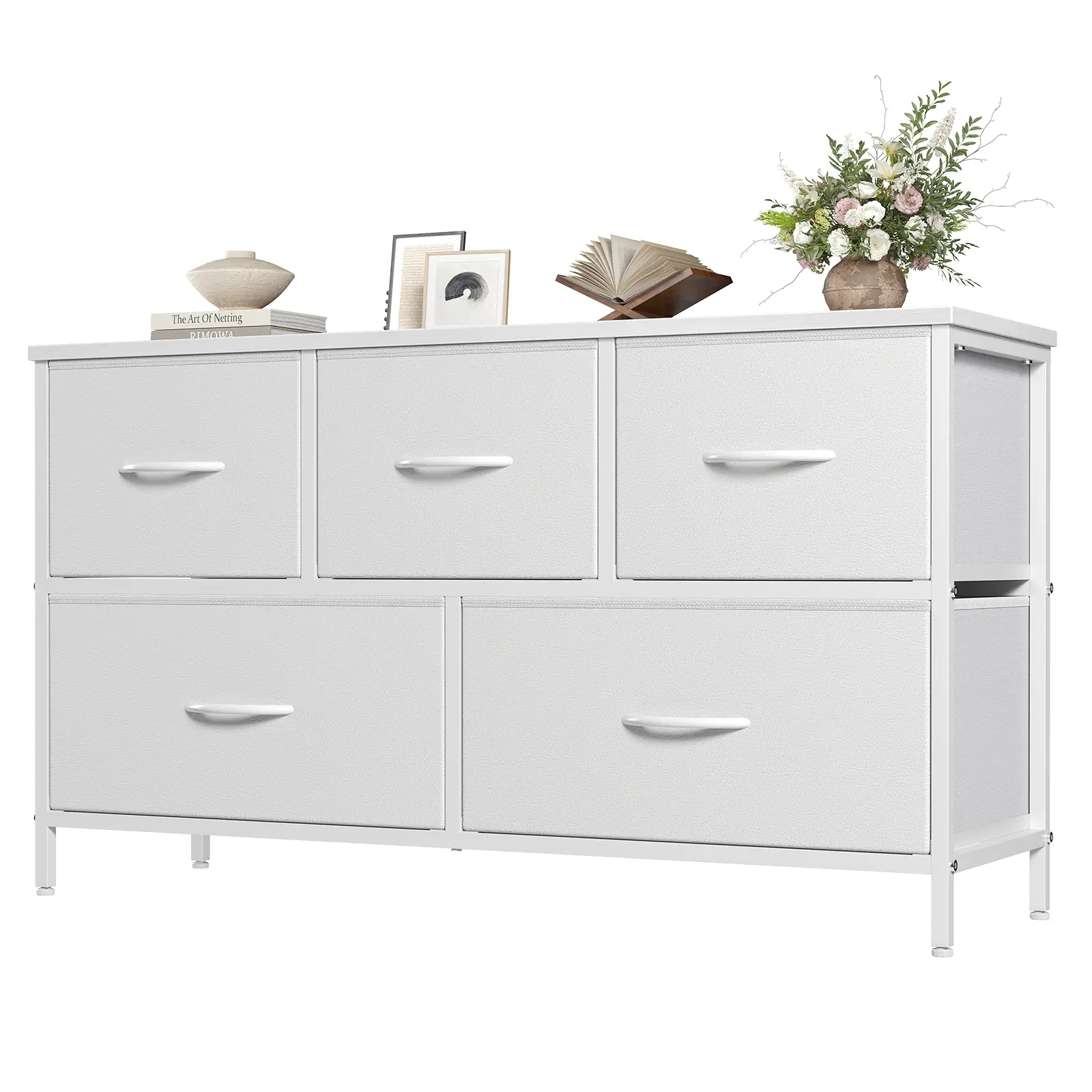 5-Drawer Fabric Storage Tower Dresser, Modern Indoor Cupboard Cabinet, Closet Organization Solution for Bedroom, Entryway