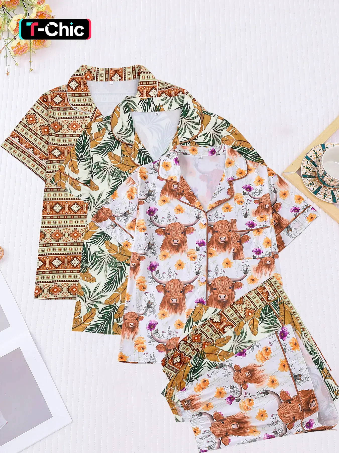 6-piece combination women's yak leaf retro symmetrical pattern printed Knitting short sleeved shorts pajama set suitable for all seasons collar top comfortable Fitted casual home wear