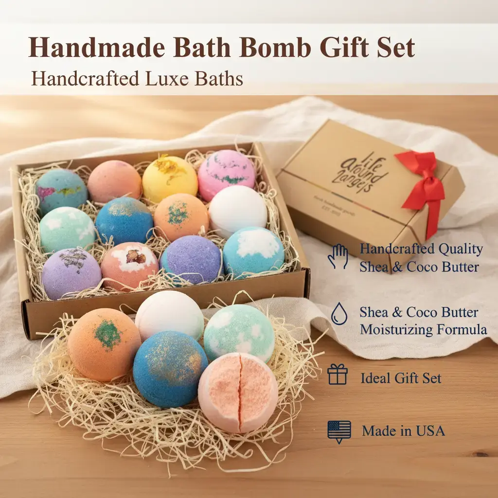 Lifearound2angels Bath Bomb Gift Set, 12 Pack USA Made Moisturizing Body Care for Normal to Dry Skin with Shea & Coco Butter, Non-Toxic Spa Gift for Adults