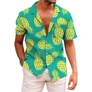 Men's Tropical Pineapple Print Hawaiian Shirt - Lightweight 100% Polyester Short Sleeve Button-Up Shirt for Beach Vacations, Casual Outings & Themed Parties (Vibrant Green/Yellow, S-3XL)