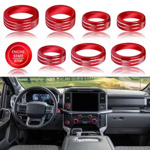 for Ford F150 Accessories 2021 2022 2023 AC Knob Covers, Volume Radio, 4WD Drive Mode, Headlight Switch, Trailer Control Knob Engine Start Stop Button Cover Outer Ring, 9Pcs (Red)