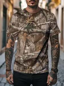 Men's Outdoor Jungle Camo 3D Full Print Short Sleeve T-Shirt, Natural Branch Pattern Round Neck Top, Casual Loose Half Sleeve
