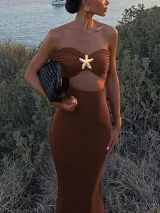 Women's Hollow Out Bralette Starfish Metal Decor Tight Slim Fit Long Dress, Backless Y2K Chic Elegant Formal Evening Wedding Cocktail Gown