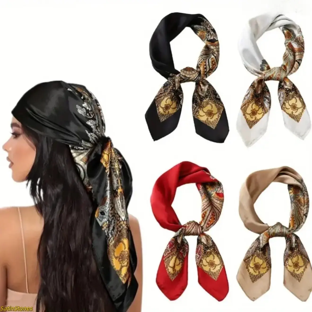Women's 4-Piece 27-Inch Satin Silk Square Headscarf - Elegant Soft Bandana, Scarf Head Wrap, Fabric Wrap, Motif Print, Satin Lined, Bandana Headwrap Neckerchief, Versatile Accessory for Daily Styling, Date Night (Ideal for Scar Coverage), Fabric Wrap Neck
