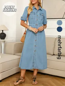 French Vintage Button Front Denim Dress, Short, Casual A-Line Waist Cinching Design, Conceals Flaws, Tall Appearance, Daily Wear, Spring