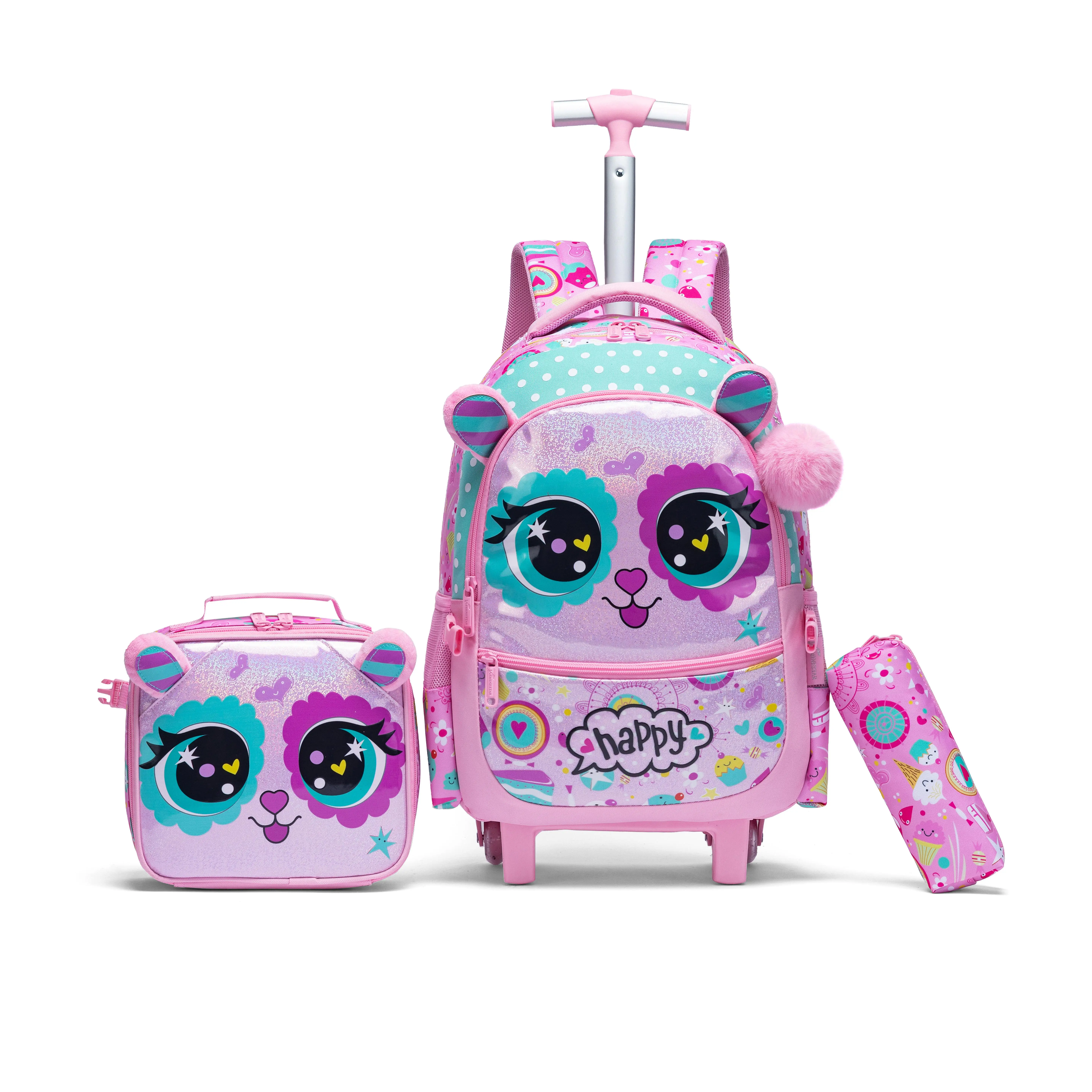 Cute Big Eyes Elf Rolling Backpack Set for Girls | 3-in-1 Backpack + Lunch Bag + Pencil Pouch | Happy Design | Back to School Essentials aesthetic bookbag box pencil case lightweight daily