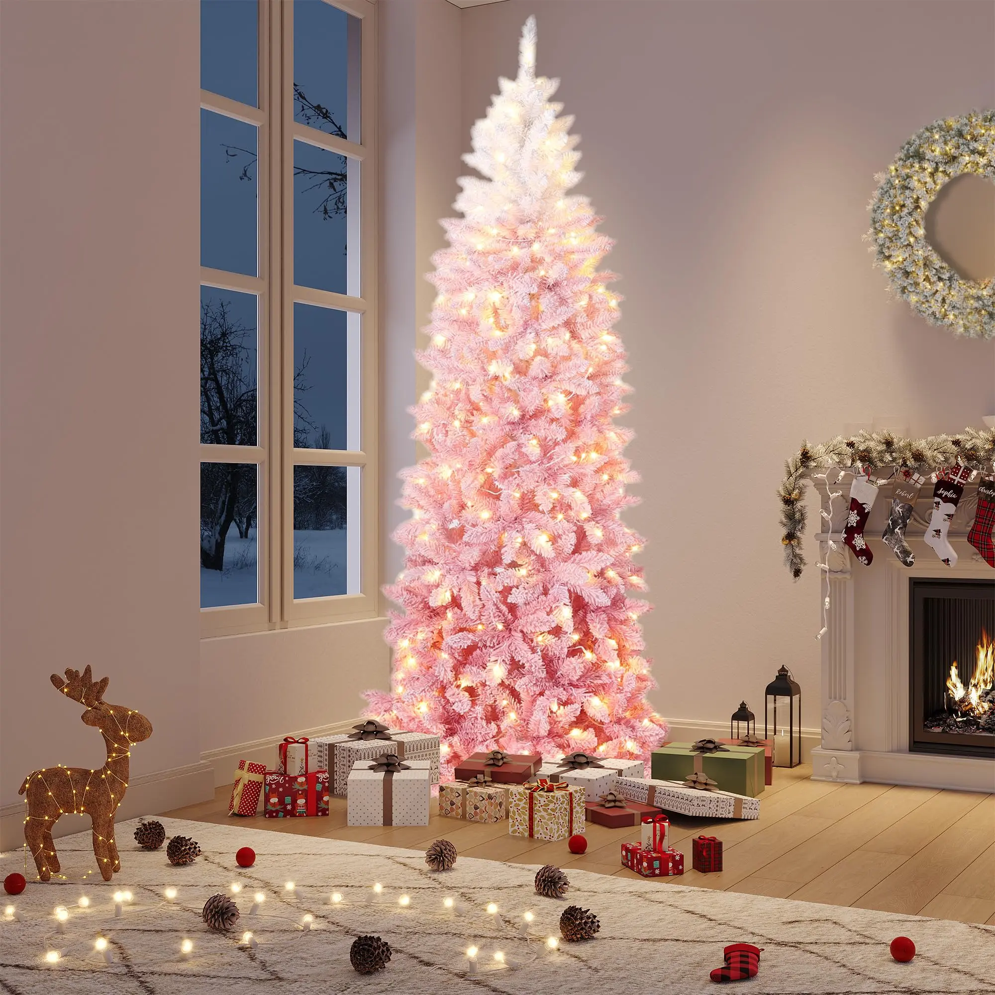GARVEE 7.5 ft Snow Flocked Pencil Christmas Tree with Sturdy Metal Stand, Slim and Skinny Artificial Xmas Tree in Pink Gradient for Home and Office Holiday Decoration