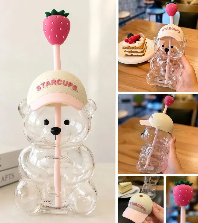 2026 New Cute Beaar Glass Tumbler with Bear Lid & Strawberry Straw, Holiday Teddy Bear Cup，20oz Reusable Aesthetic Teddy Bear Cup for Iced Coffee, Boba Milk Tea, Matcha, Juice, Smoothies & Cold Drinks, Dishwasher Safe