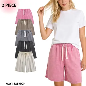 Wayii Fashion 2PC Women's Acid Washed Shorts Athletic Vintage Short Cotton Heavyweight Elastic Waist Streetwear Sweatpants Unisex Design Perfect for Men & Women