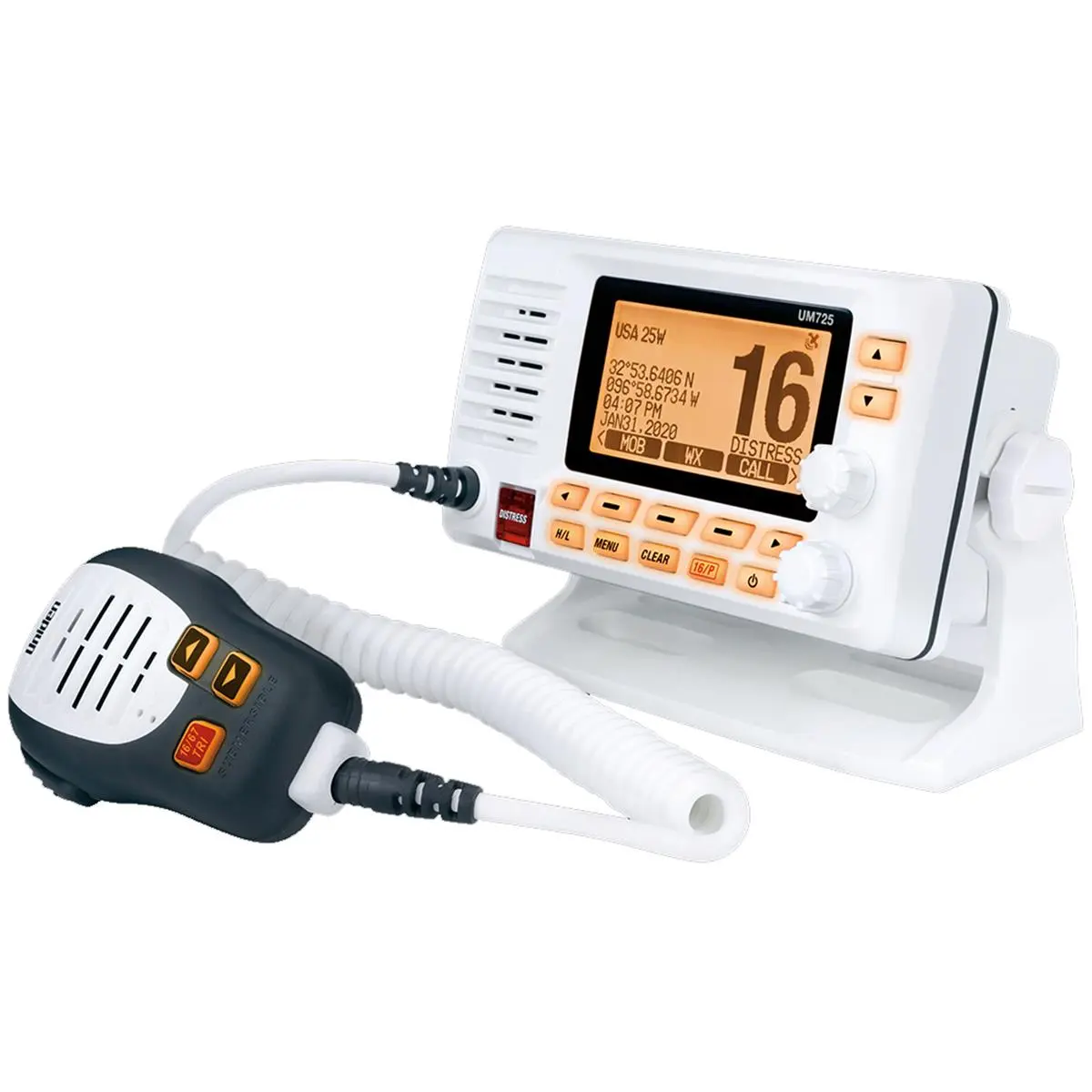 Uniden UM725G Fixed-Mount Marine VHF Whip Antenna Walkie Talkie - GPS-Enabled, White, Wireless, Audio Speaker, LCD Display, Waterproof, Remote-Compatible Receiver, NMEA0183/NMEA2000, DSC Distress Send & Receive, Private Text Messaging, Whip Antenna Walkie