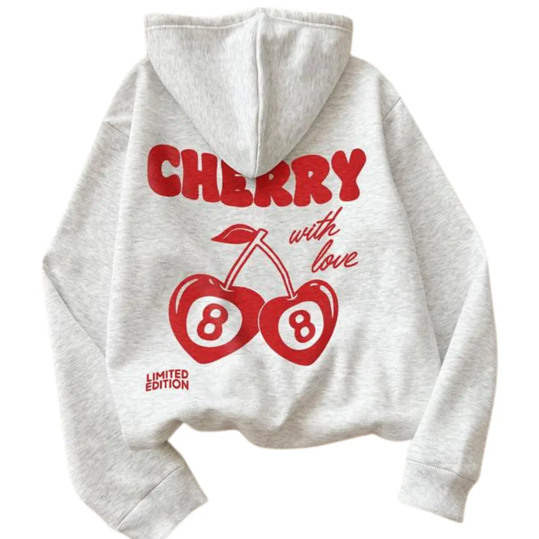 Cherry With Love Hoodie Sweatshirt T-shirt, Women's Cherry & Letter Print Shirt, Fashion Casual Drawstring Graphic Tee
