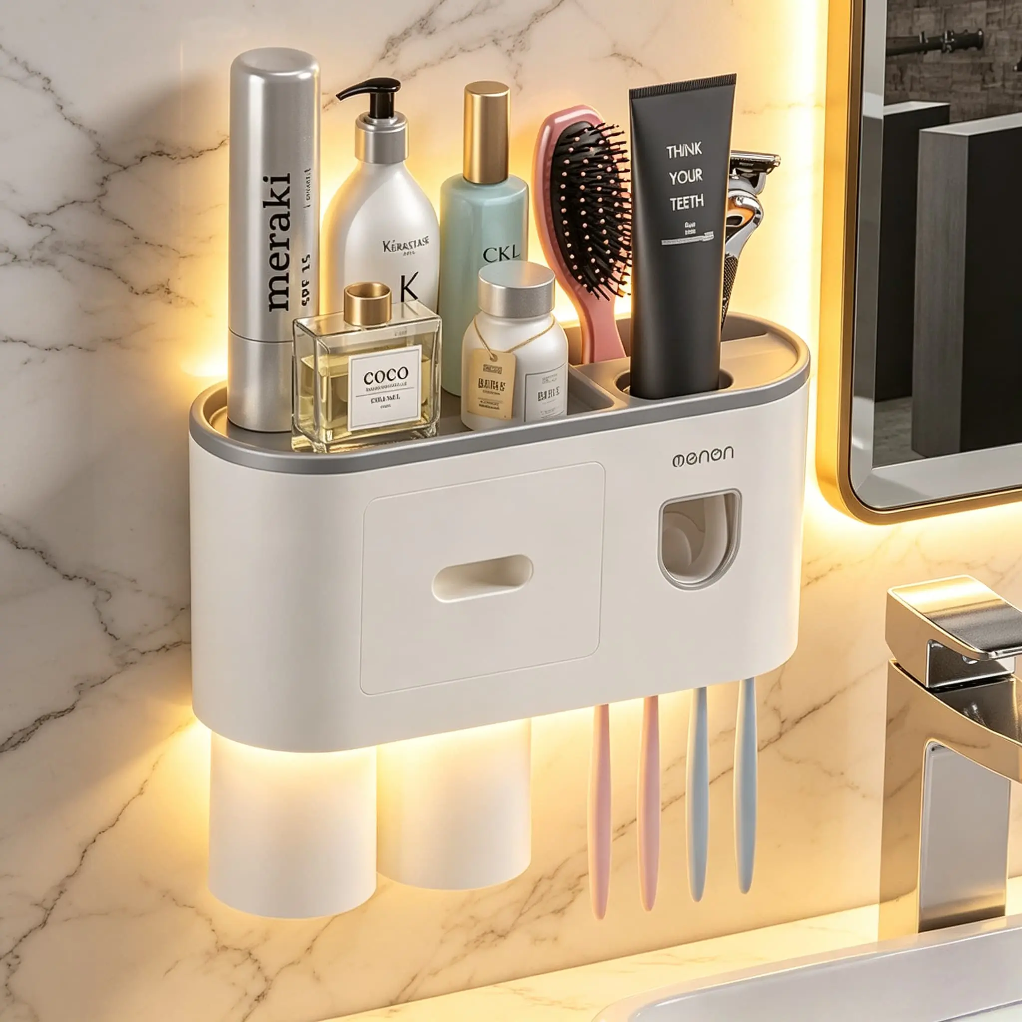 Bathroom Toothbrush Holder Wall Mount, 4 Slot Toothbrush Holder with 1 Automatic Toothpaste Dispenser, 2 Magnetic Cups, Large Capacity Bathroom Storage Rack, Wall Storage with Drawers