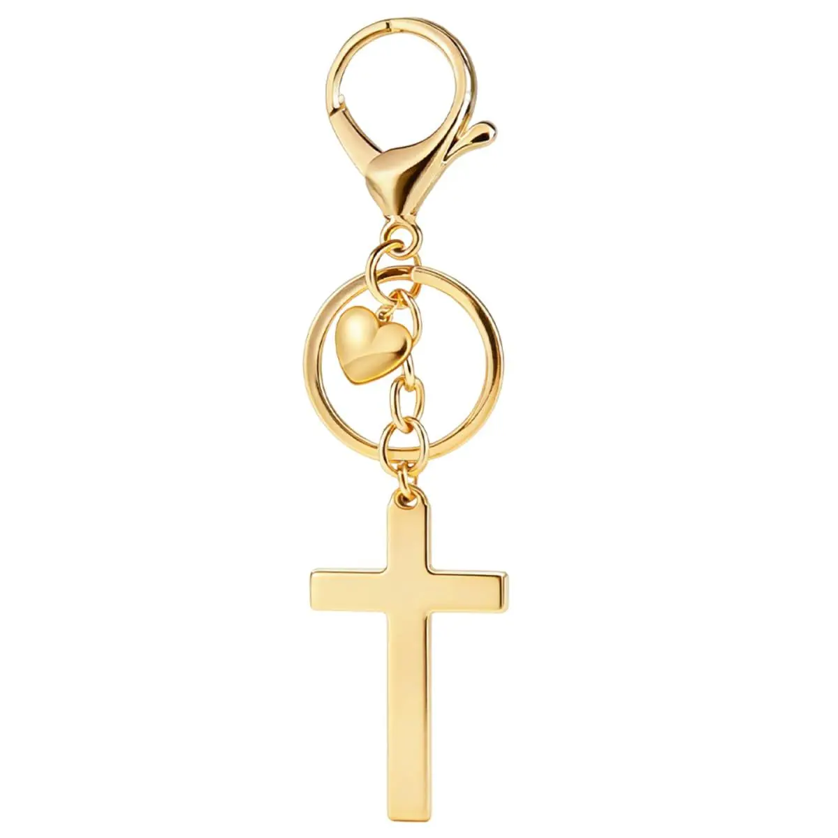Gold-Tone Cross Keychain with Heart Charm, Christian Faith Bag Charm for Women and Teen Girls, Inspirational Gift for Daughter, Sister or Friend