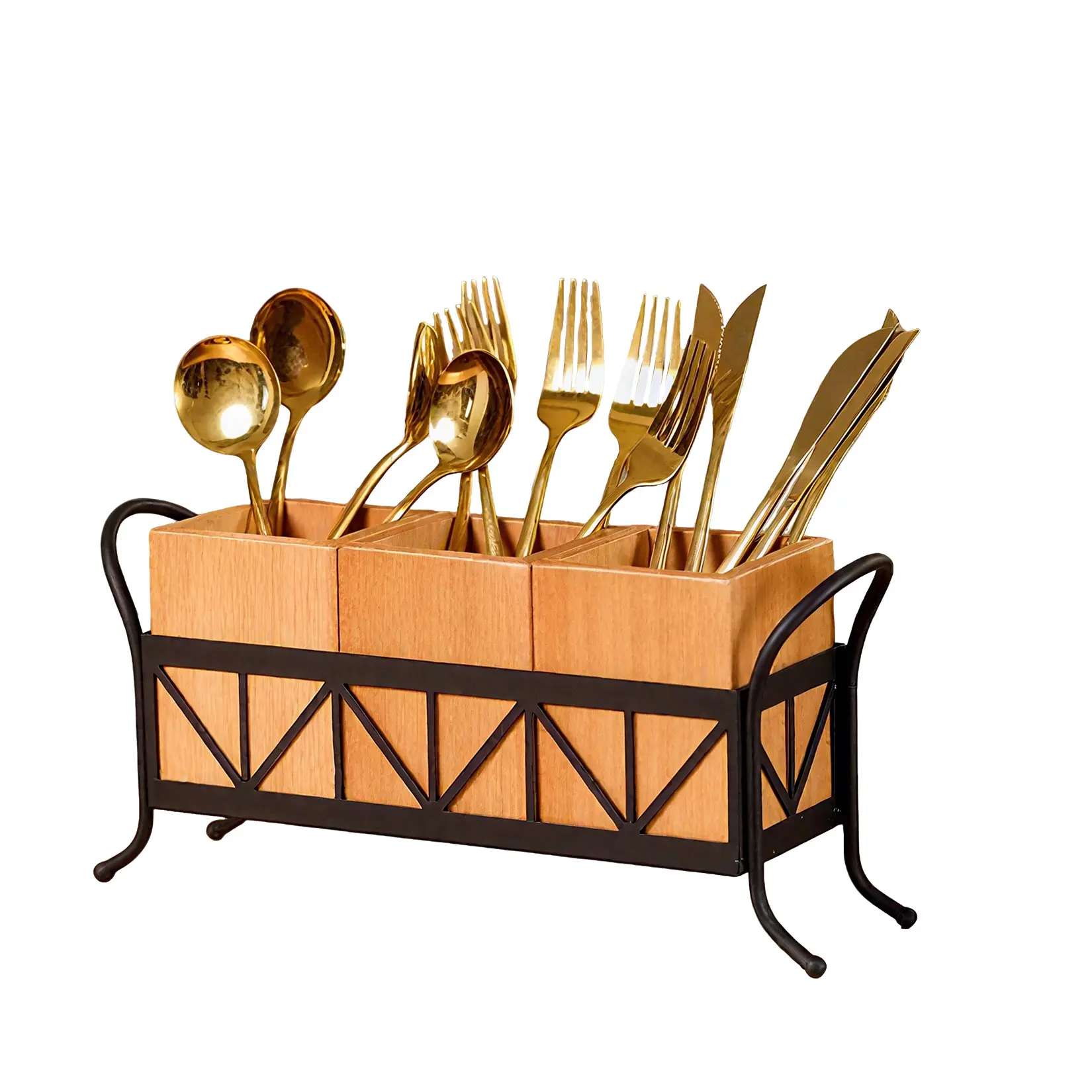 Portable 3-Tier Bamboo Utensil Holder & Flatware Organizer With Sturdy Iron Frame. Perfect Removable Cutlery Caddy For Indoor Kitchen Countertop, Dining Table Or Outdoor BBQ, Picnic, Camping And RVs. Keep Your Spoons & Forks Tidy!
