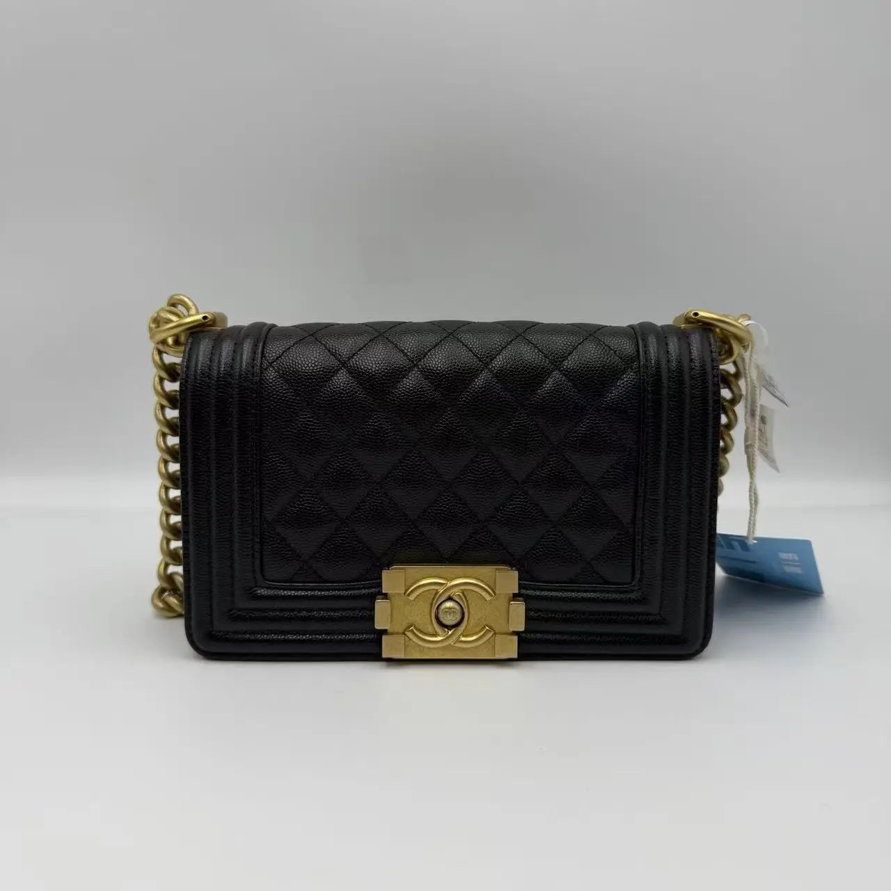 Pre-owned CHANEL Le Boy Flap Bag in Black Grained Calfskin (Caviar Leather) with Vintage Gold Hardware