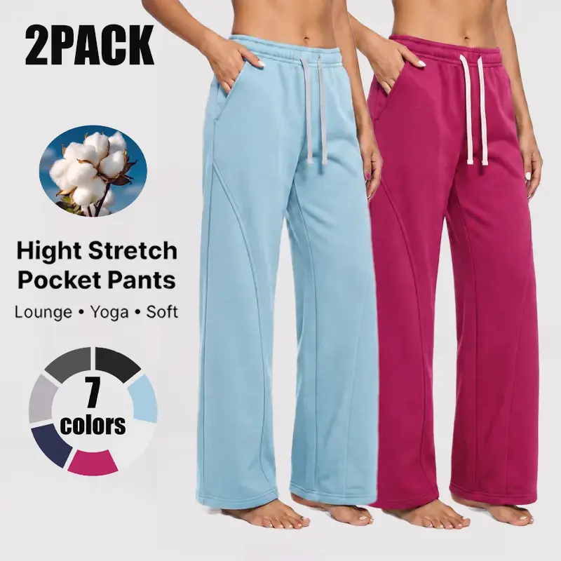 Women’s 2-pack loose wide-leg sweatpants with drawstring elastic waistband and pockets; soft, skin-friendly, fluid drape; straight-cut casual athletic long pants for home, workouts, yoga, and everyday wear—versatile sports joggers.