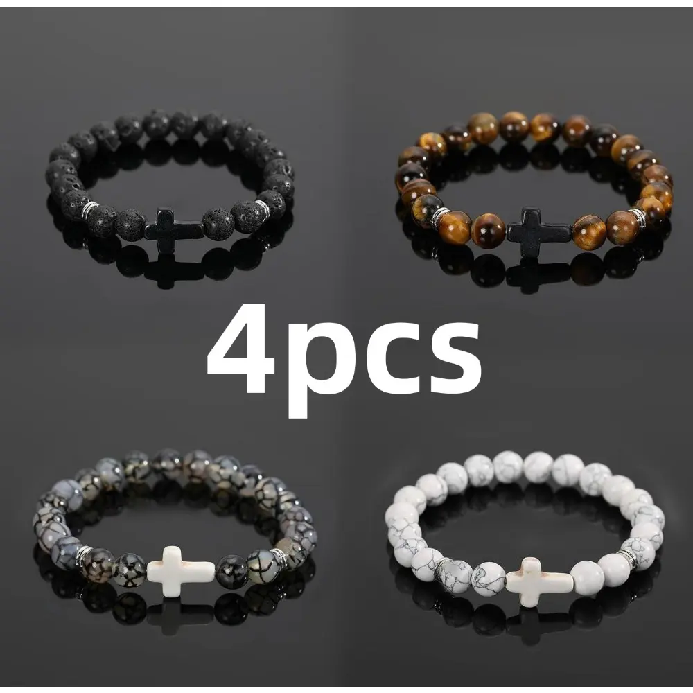 4-9 Pcs Cross Bracelet Set, 8mm Natural Lava Stone Adjustable Charm Bracelets, Anti-Allergy Jewelry for Men & Women, Jewelry Bracelet