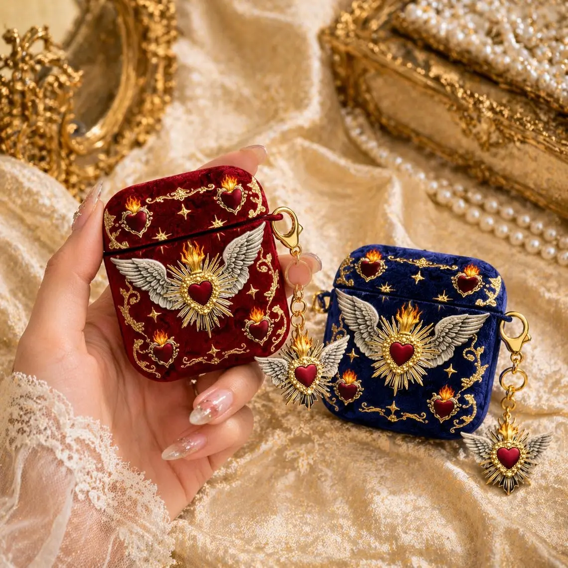 NO KEYCHAIN INCLUDED Velvet 2D Printing AirPods Case, Sacred Heart Angel Wings Design, Red and Blue Aesthetic Case Cover, Gold Ornate Style, No Keychain, 2D Print