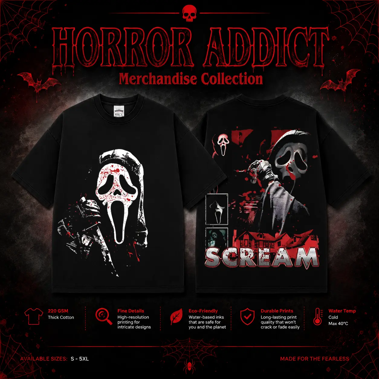 HORROR ADDICT Ghostface Blood Mask Gildan Unisex T-Shirt, Sweatshirt & Hoodie, Premium Cotton Horror Movie Shirt, Ghostface Costume, Halloween Costume, Blood Mask Outfit, Halloween Horror Movie Shirt, Horror Fan Gift