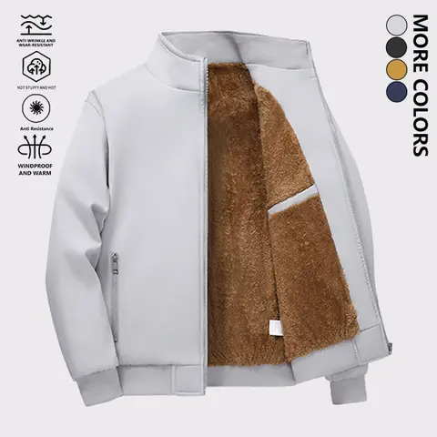 Men's Fitted Woven Plain Long Sleeve Casual Zip Coat - Vintage Business Style, Stand Collar, Fleece-Lined Thermal, Windproof, Durable Autumn Winter Outerwear for Daily Commuting, Menswear Jackets & Tops